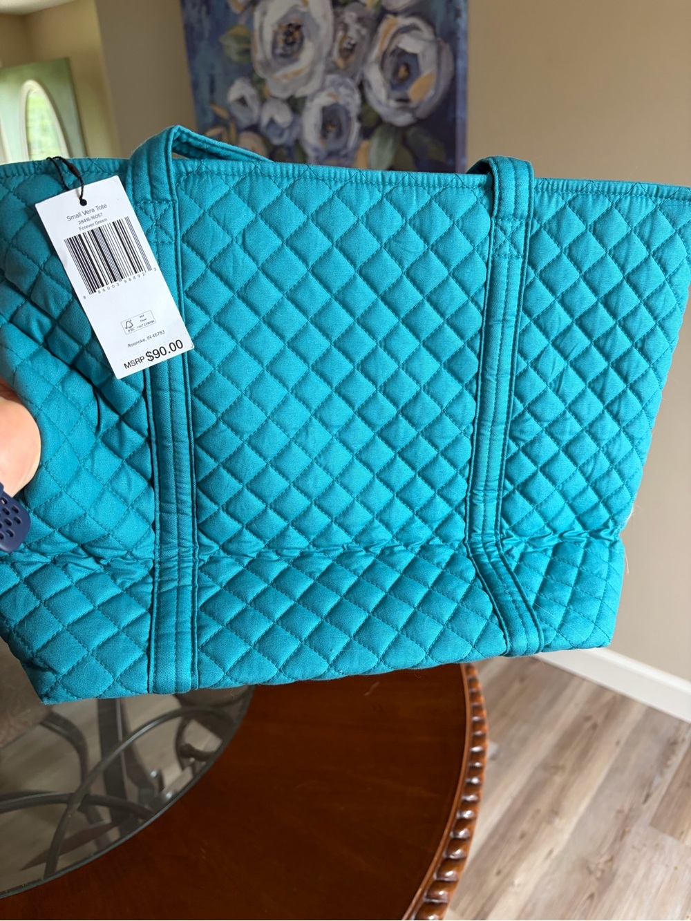 Vera Bradley Teal Quilted Tote with Floral Interior - Picture 6 of 8